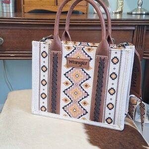 Wrangler Brown and Cream Geometric Tote Bag
